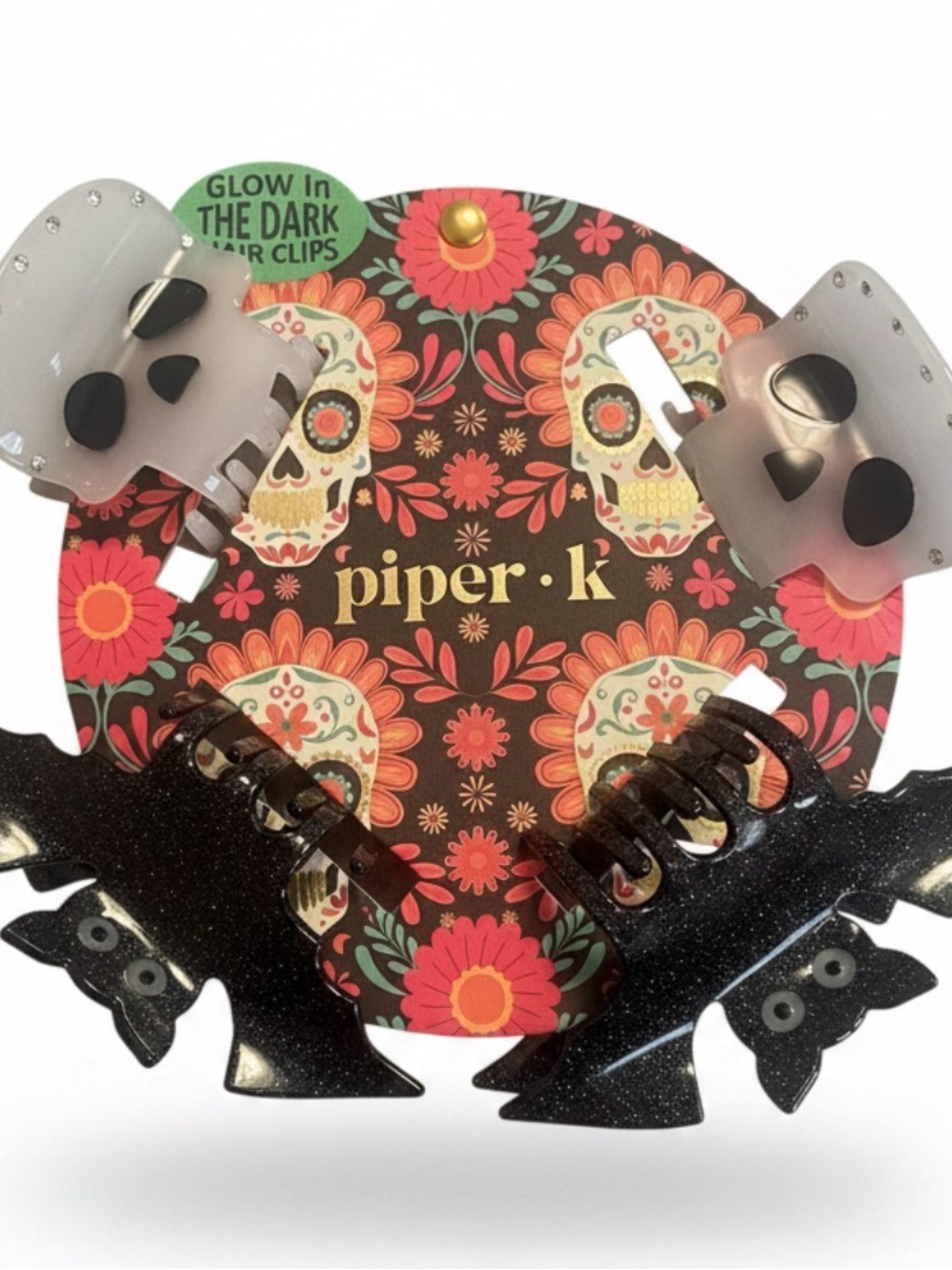 Piper K - Glow-in-the-Dark Skull & Bat Hair Clips - Black & White - New